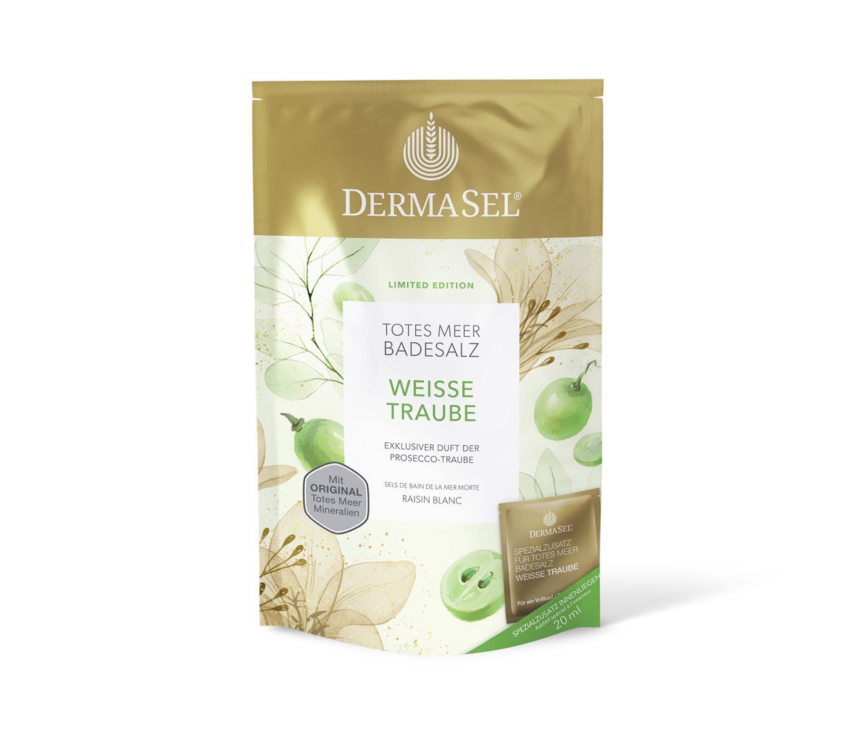 Foto DermaSel Badesalz Weisse Traube Limited Edition + 20ml Beutel 400 g