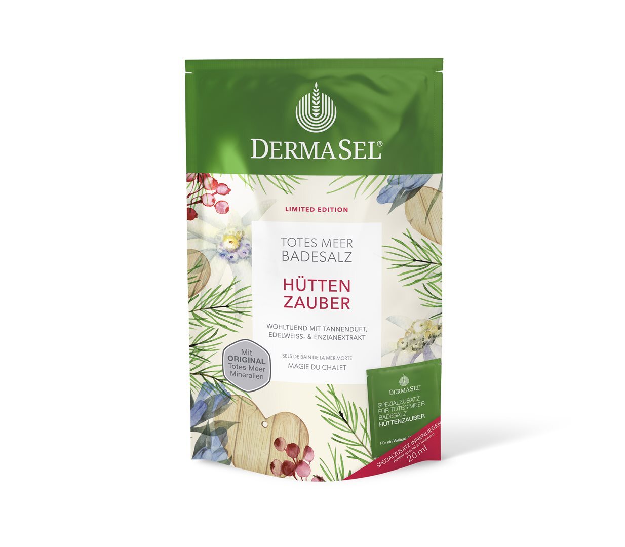 Foto DermaSel Badesalz Hüttenzauber Limited Edition + 20ml Beutel 400 g