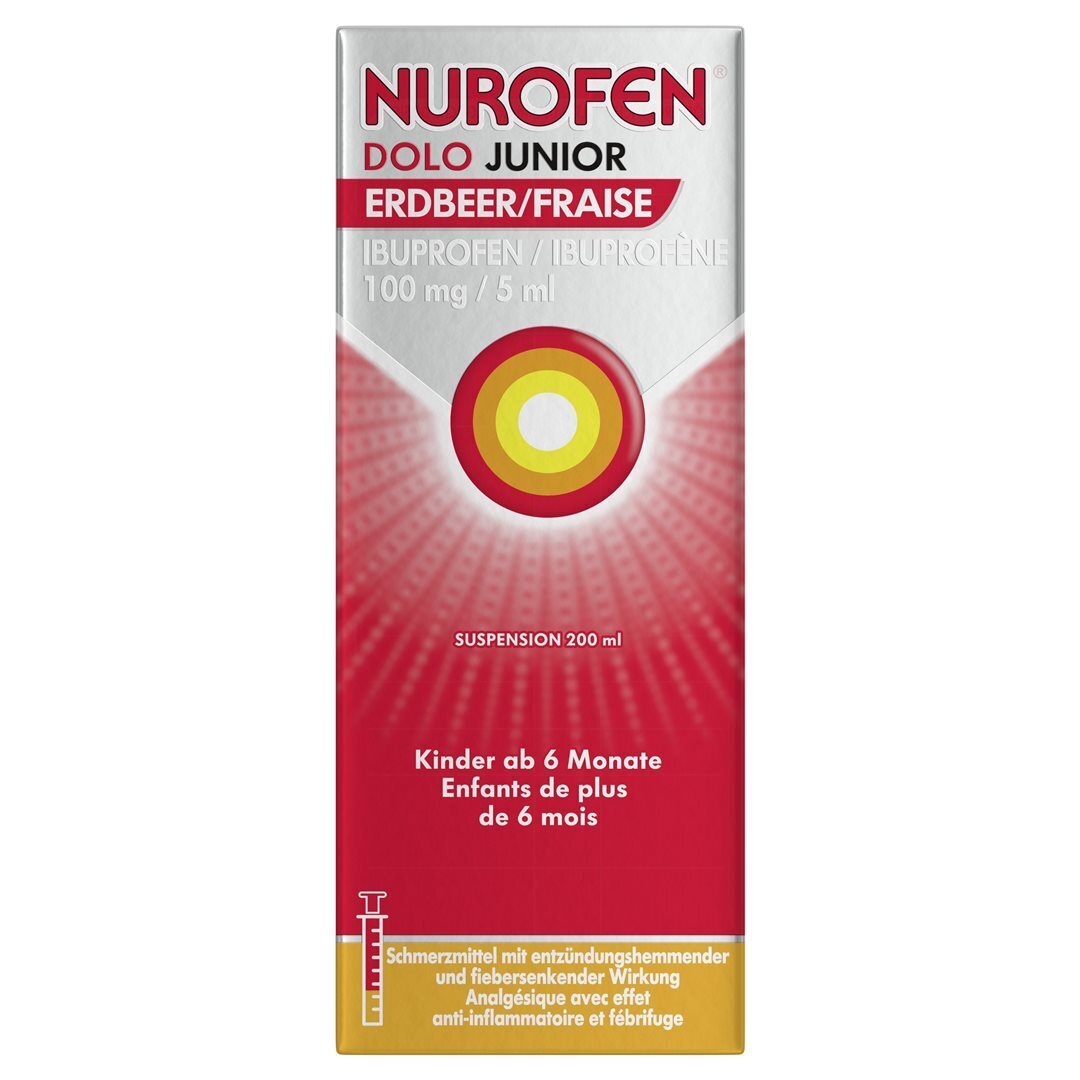 Foto Nurofen Dolo Junior Suspension 100 mg/5ml Erdbeer Flasche 200 ml